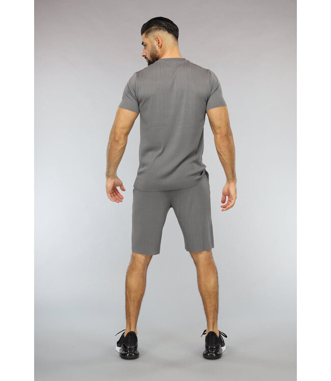 Antraciet Gestreept Sport Setje met Korte Mouwen en Short