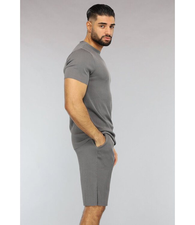 Antraciet Gestreept Sport Setje met Korte Mouwen en Short