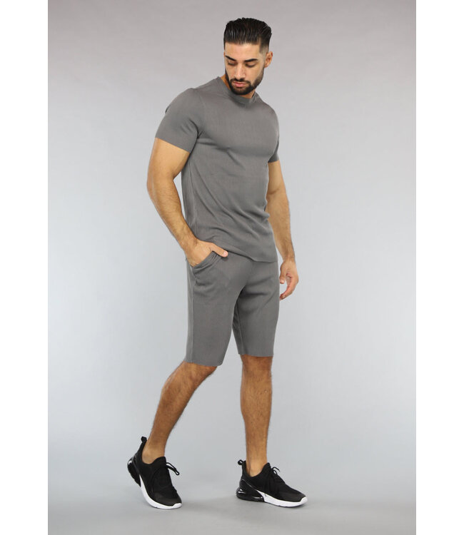 Antraciet Gestreept Sport Setje met Korte Mouwen en Short