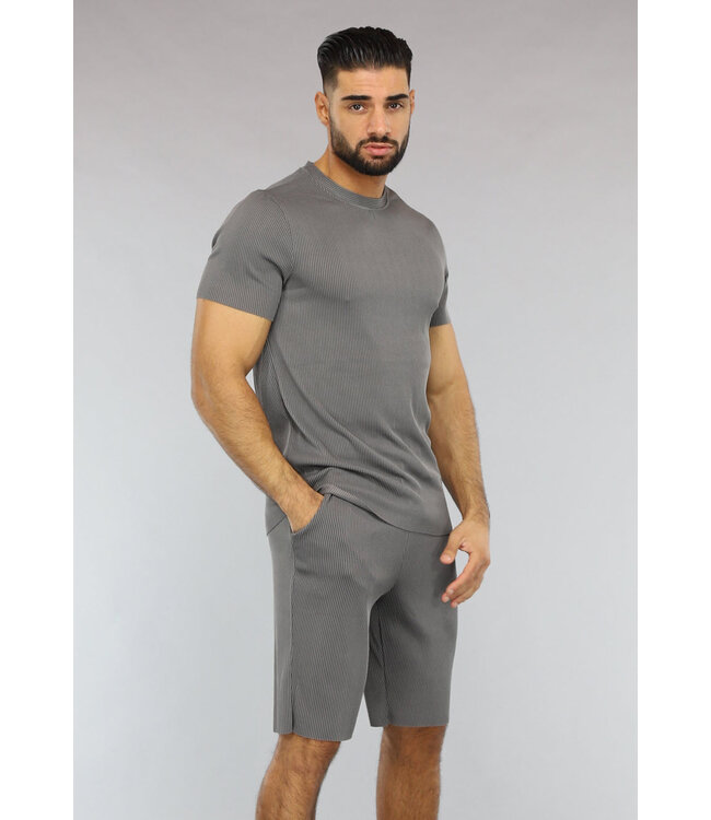 Antraciet Gestreept Sport Setje met Korte Mouwen en Short
