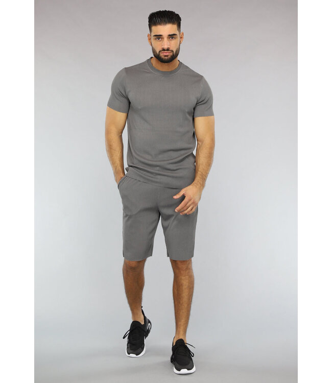 Antraciet Gestreept Sport Setje met Korte Mouwen en Short