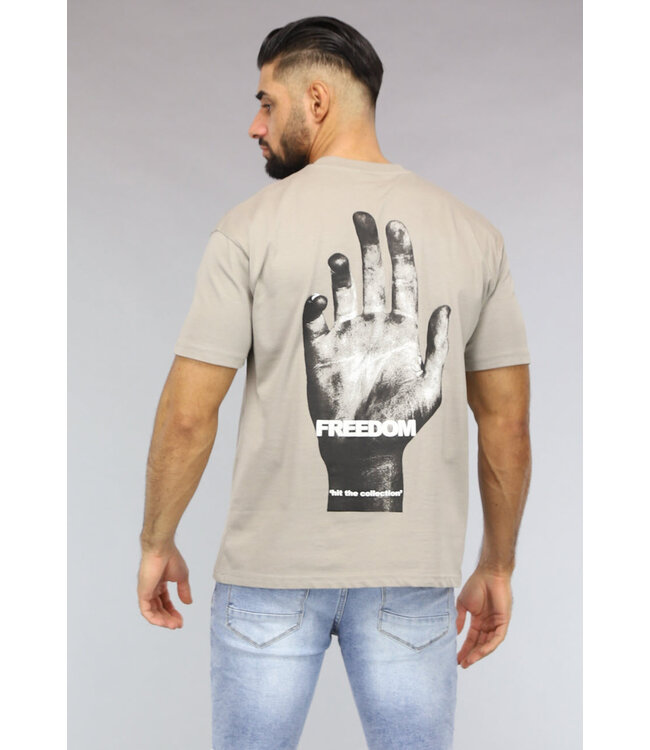 Taupe Heren T-Shirt met Hand Print