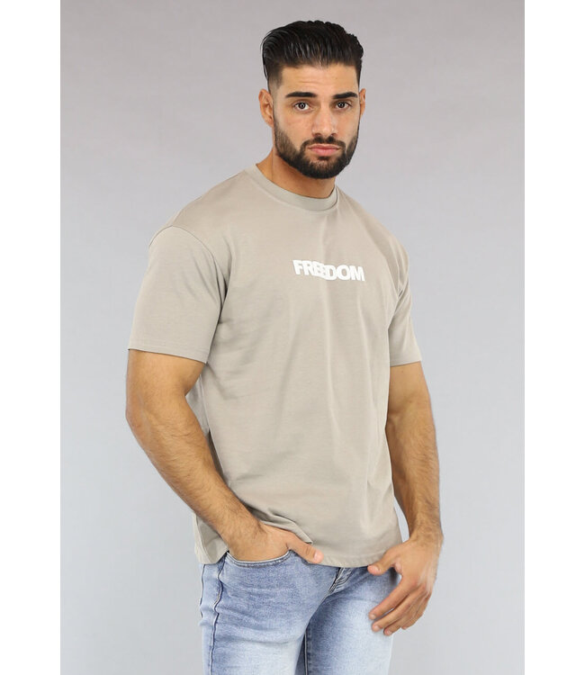 Taupe Heren T-Shirt met Hand Print