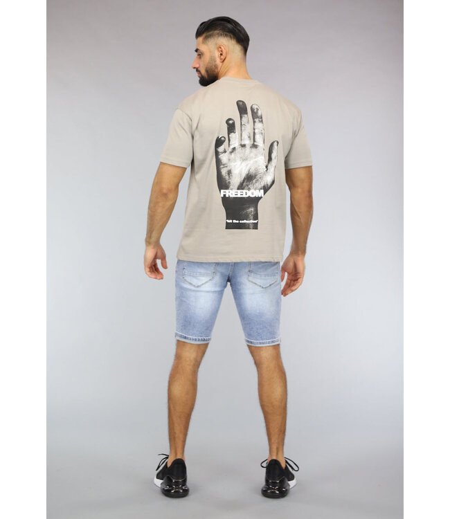Taupe Heren T-Shirt met Hand Print