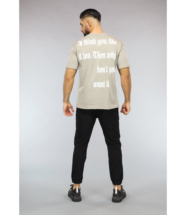 Taupe Heren T-Shirt met Witte Tekst