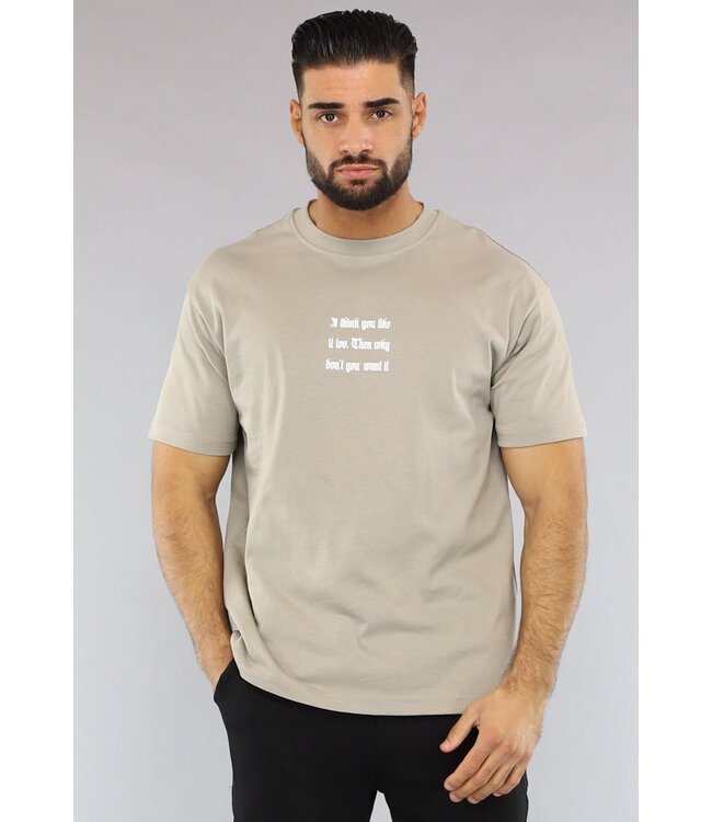 Taupe Heren T-Shirt met Witte Tekst