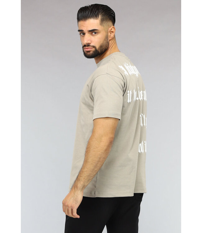 Taupe Heren T-Shirt met Witte Tekst