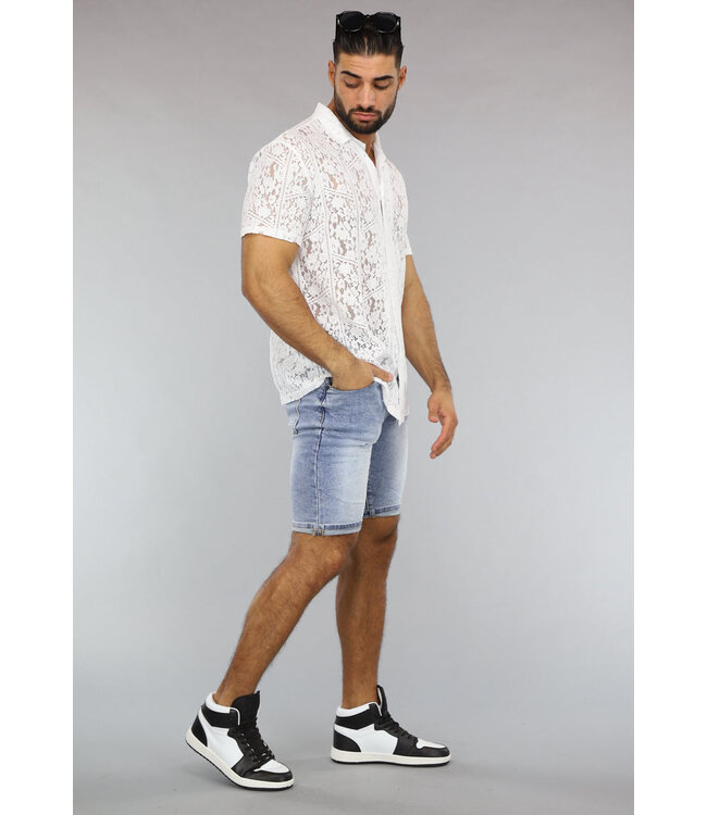 Witte Doorschijnende Kanten Heren Blouse