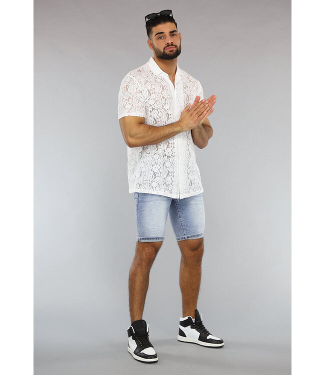 Witte Doorschijnende Kanten Heren Blouse
