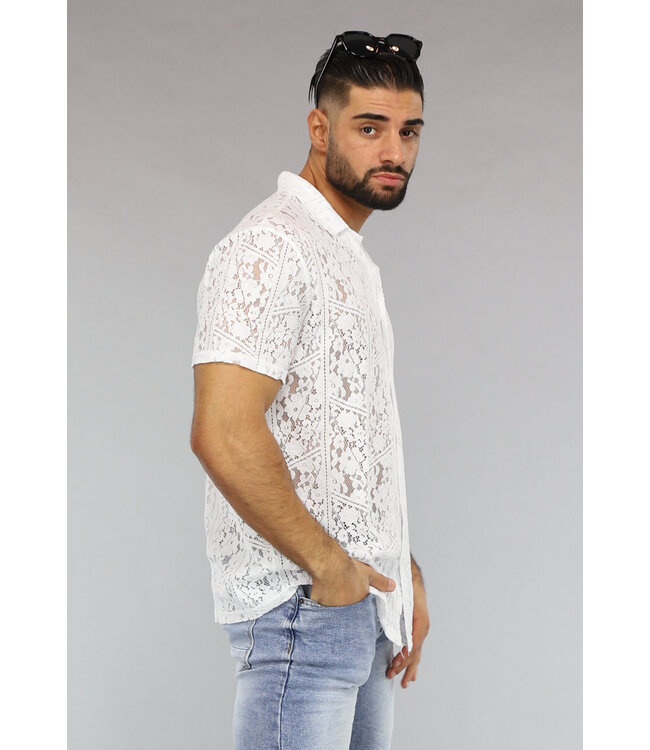Witte Doorschijnende Kanten Heren Blouse