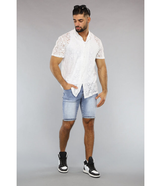 Witte Doorschijnende Kanten Heren Blouse