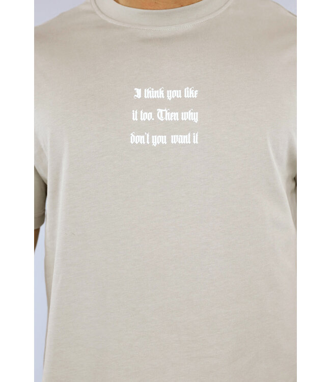 Taupe Heren T-Shirt met Witte Tekst