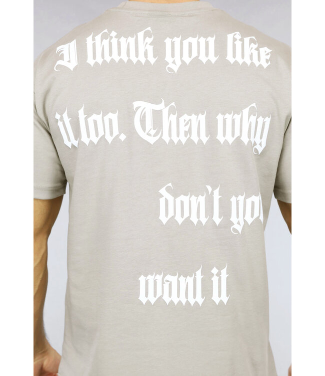 Taupe Heren T-Shirt met Witte Tekst