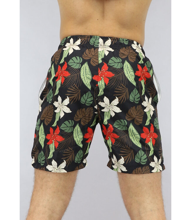 Zwarte Heren Zwem Short met Leaf Print