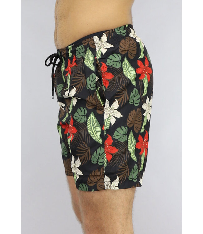 Zwarte Heren Zwem Short met Leaf Print