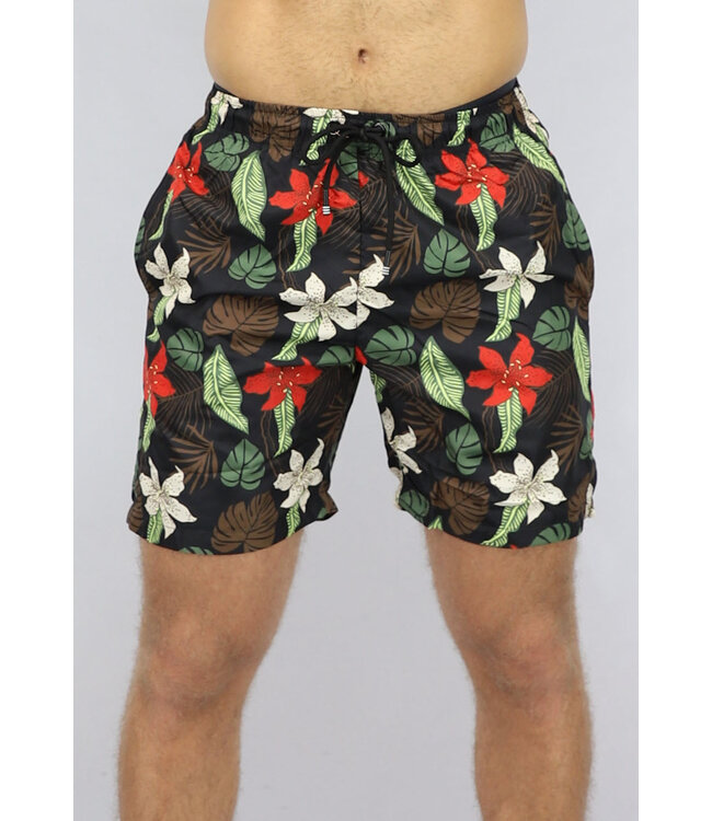 Zwarte Heren Zwem Short met Leaf Print