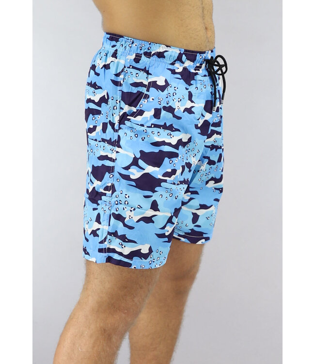 Swimshort in Blauw met Camouflage-  en Panterprint