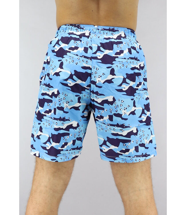 Swimshort in Blauw met Camouflage-  en Panterprint