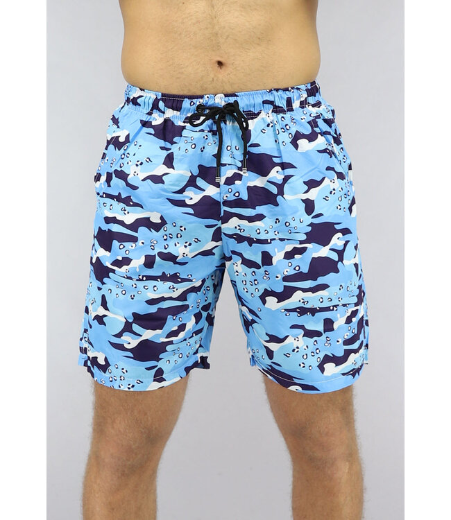 Swimshort in Blauw met Camouflage-  en Panterprint
