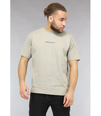 Taupe Heren T Shirt met Korte Mouwen en Tekst