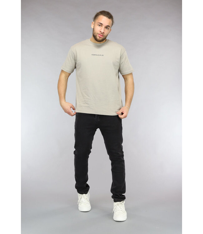 Taupe Heren T Shirt met Korte Mouwen en Tekst