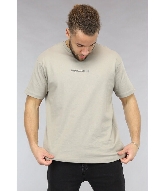 Taupe Heren T Shirt met Korte Mouwen en Tekst