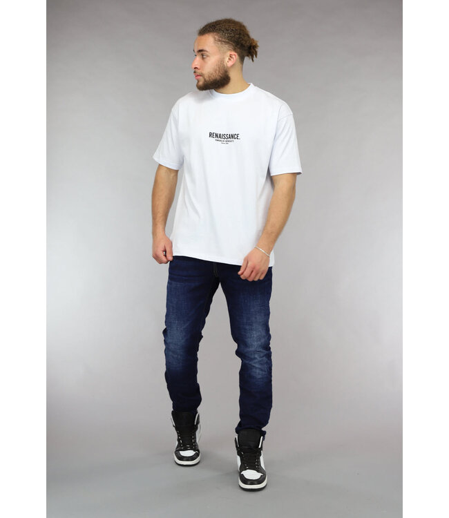 Loose Fit Wit Mannen T Shirt met Renaissance Tekst