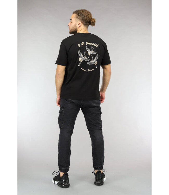 Zwart Mannen T Shirt met Geborduurde Vogel