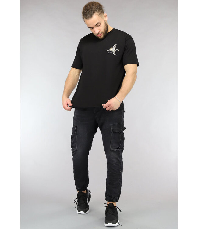 Zwart Mannen T Shirt met Geborduurde Vogel