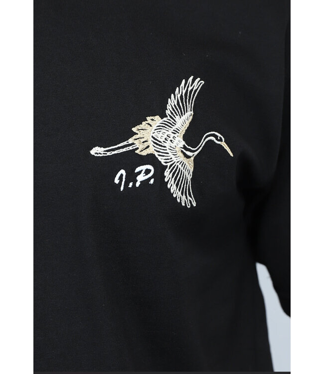 Zwart Mannen T Shirt met Geborduurde Vogel