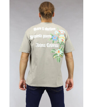 Heren T Shirt met Bloem en Tekst in Taupe