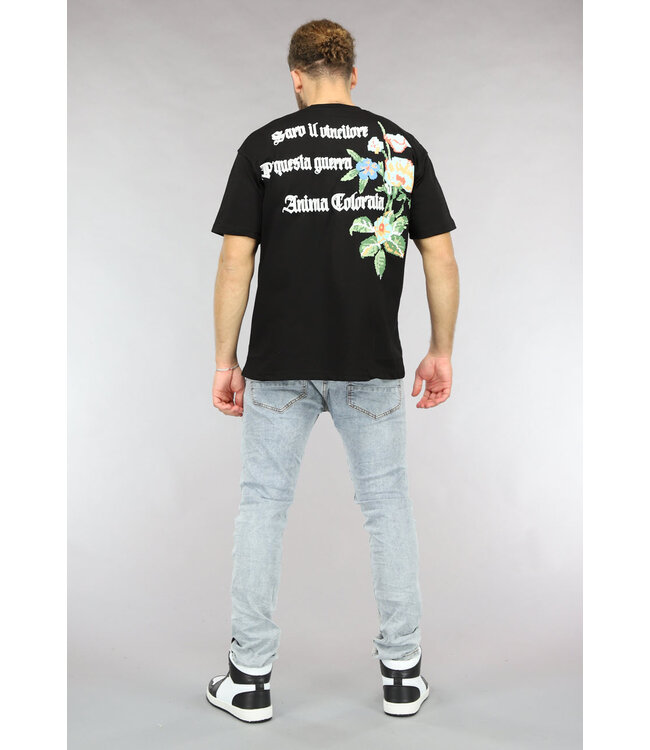 Zwart Heren T Shirt met Bloem en Tekst