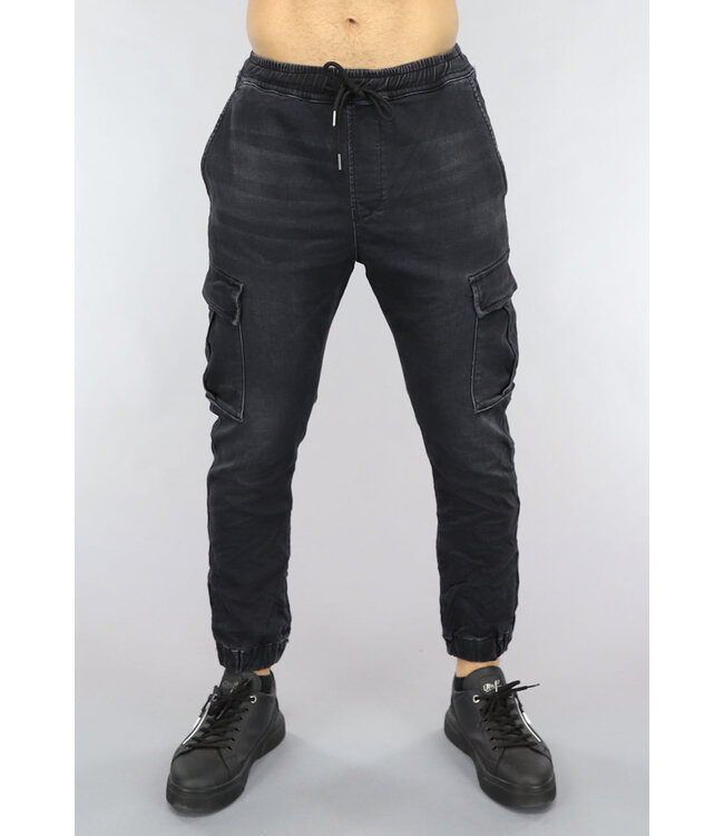 Zwarte Denim Stretch Heren Cargo Broek