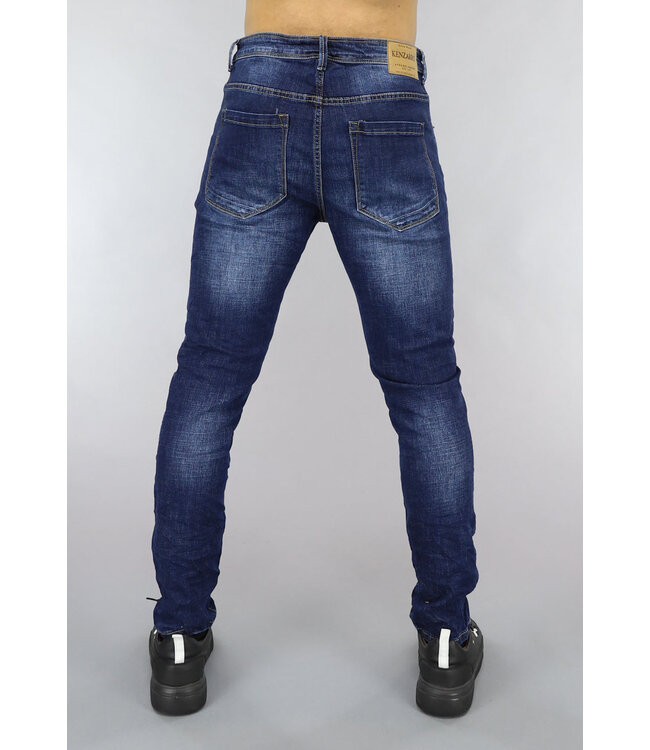 NEW0305 Damaged Skinny Jeans met Stiksels in Donkerblauw