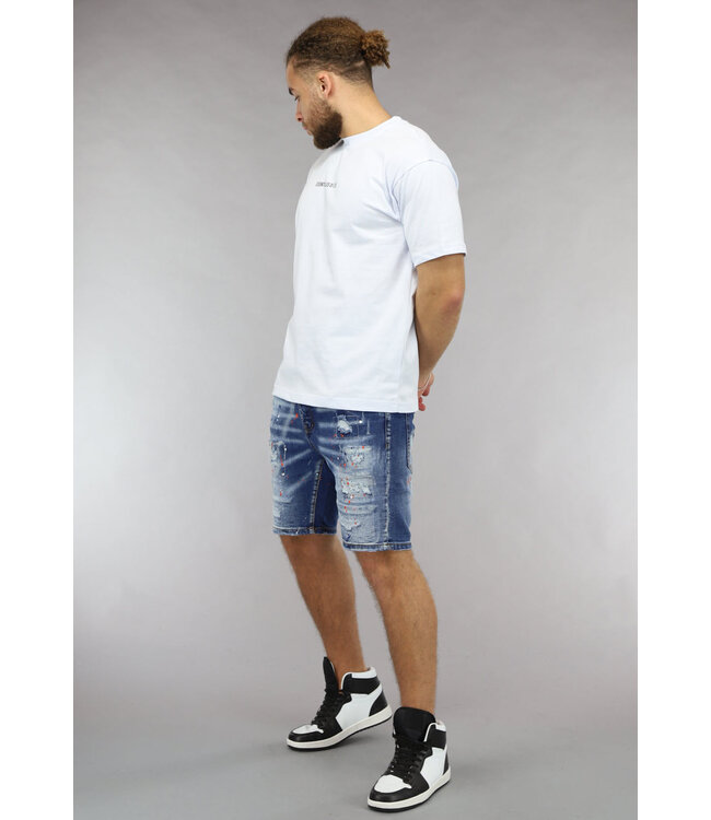 Acid Wash Denim Heren Broekje met Verfspatten