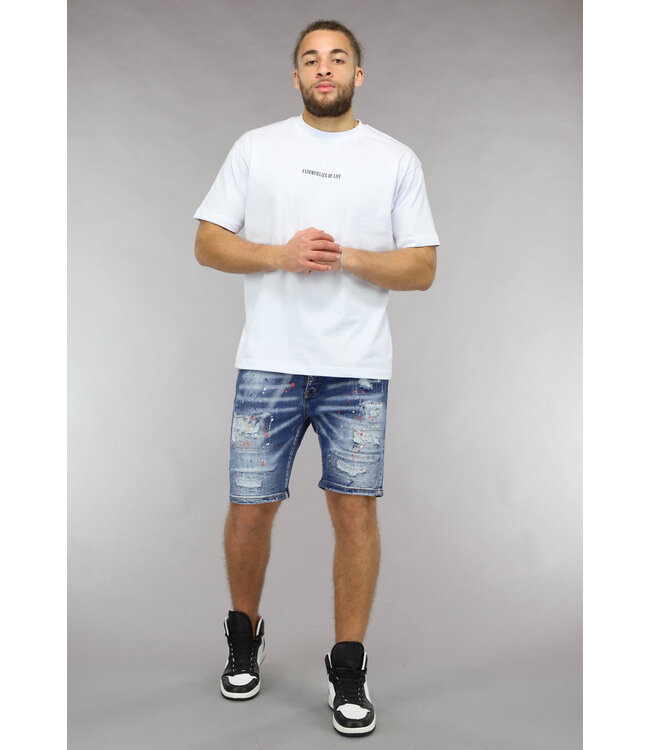 Acid Wash Denim Heren Broekje met Verfspatten