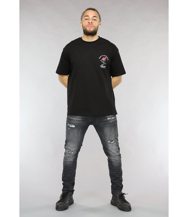 Zwart Heren T Shirt met Rode Roos