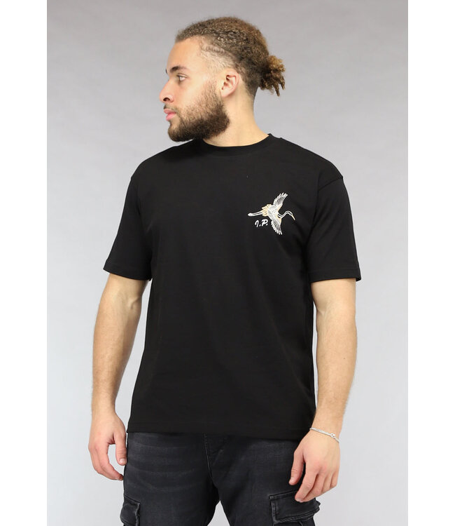 Zwart Mannen T Shirt met Geborduurde Vogel