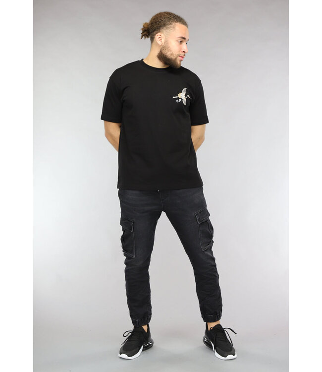 Zwart Mannen T Shirt met Geborduurde Vogel
