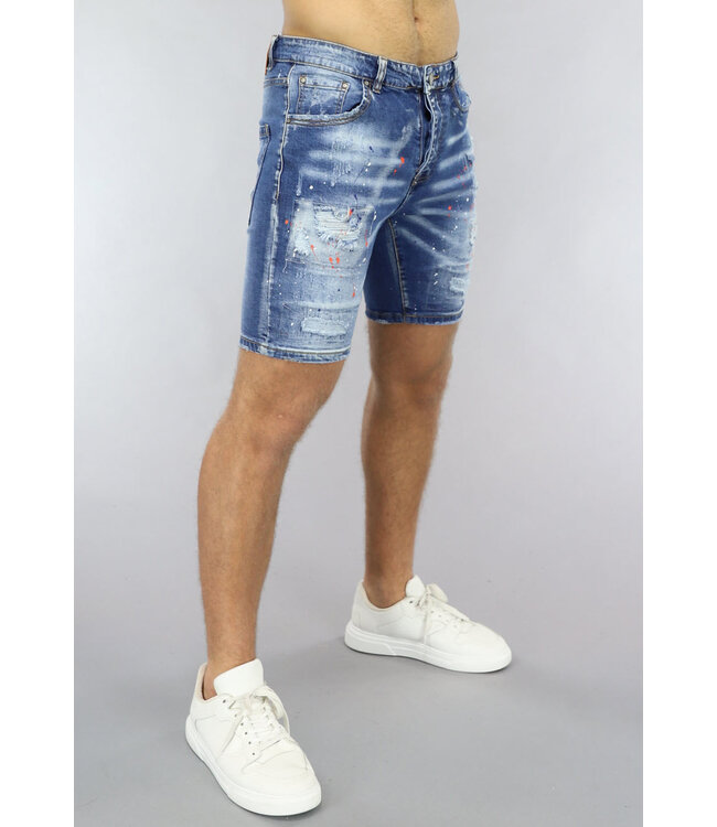 Acid Wash Denim Heren Broekje met Verfspatten