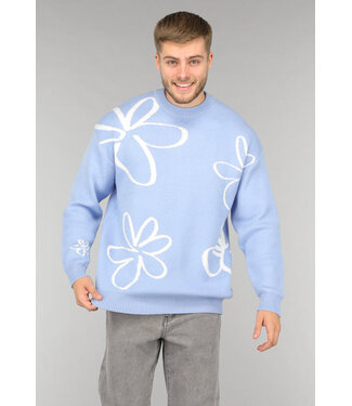 Blauwe Heren Bloemen Trui