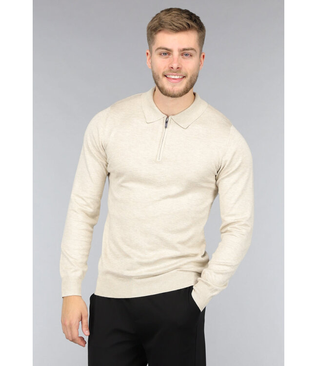 Beige Heren Polo met Lange Mouwen