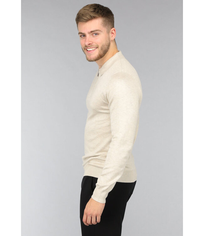 Beige Heren Polo met Lange Mouwen