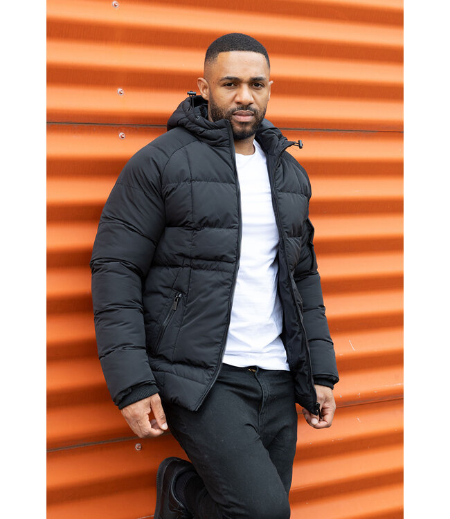 Korte Zwarte Heren Winterjas met Capuchon