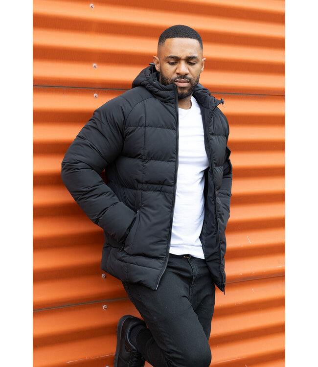 Korte Zwarte Heren Winterjas met Capuchon