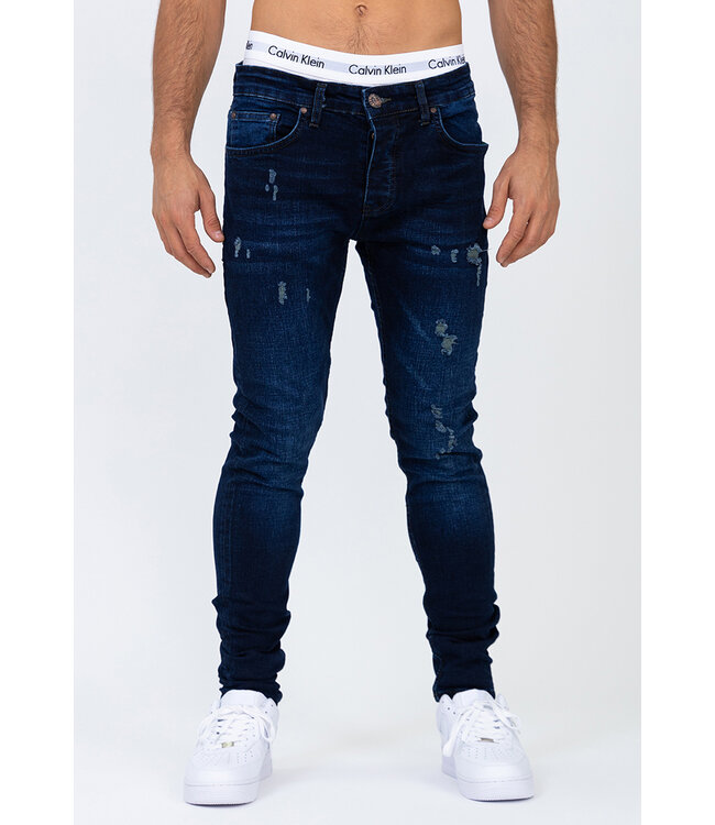 Donkerblauwe Skinny Heren Spijkerbroek met Geruwde Details