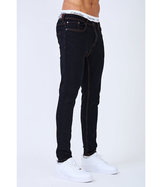 Zwarte Heren Skinny Jeans met Bruine Stiksels