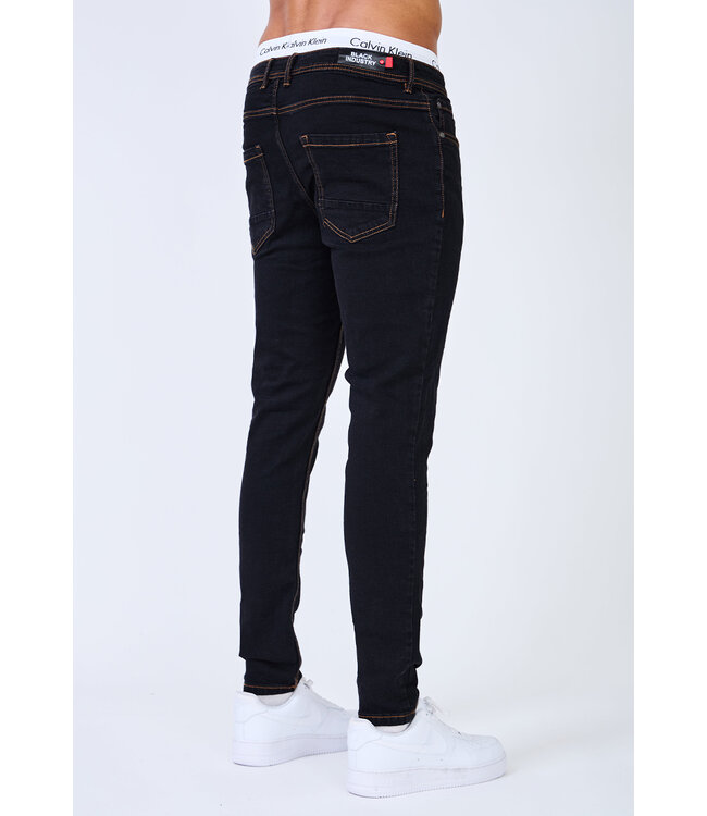 Zwarte Heren Skinny Jeans met Bruine Stiksels