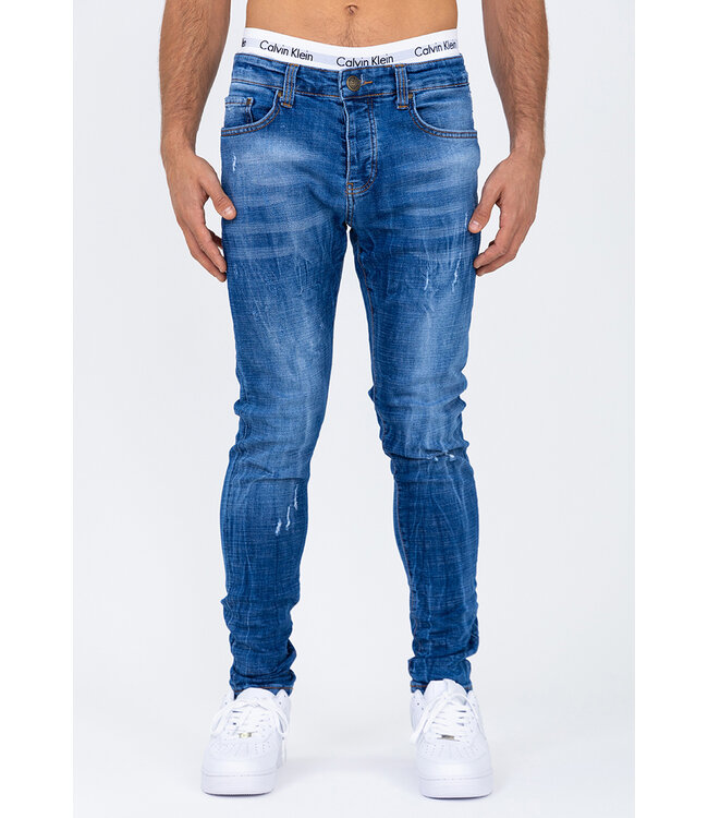 Blauwe Washed Skinny Jeans met Geruwde Details