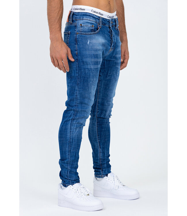 Blauwe Washed Skinny Jeans met Geruwde Details